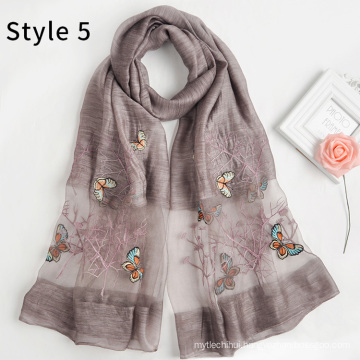 Fashion silk acrylic blend new pattern women hijab shawl butterfly embroidered scarf